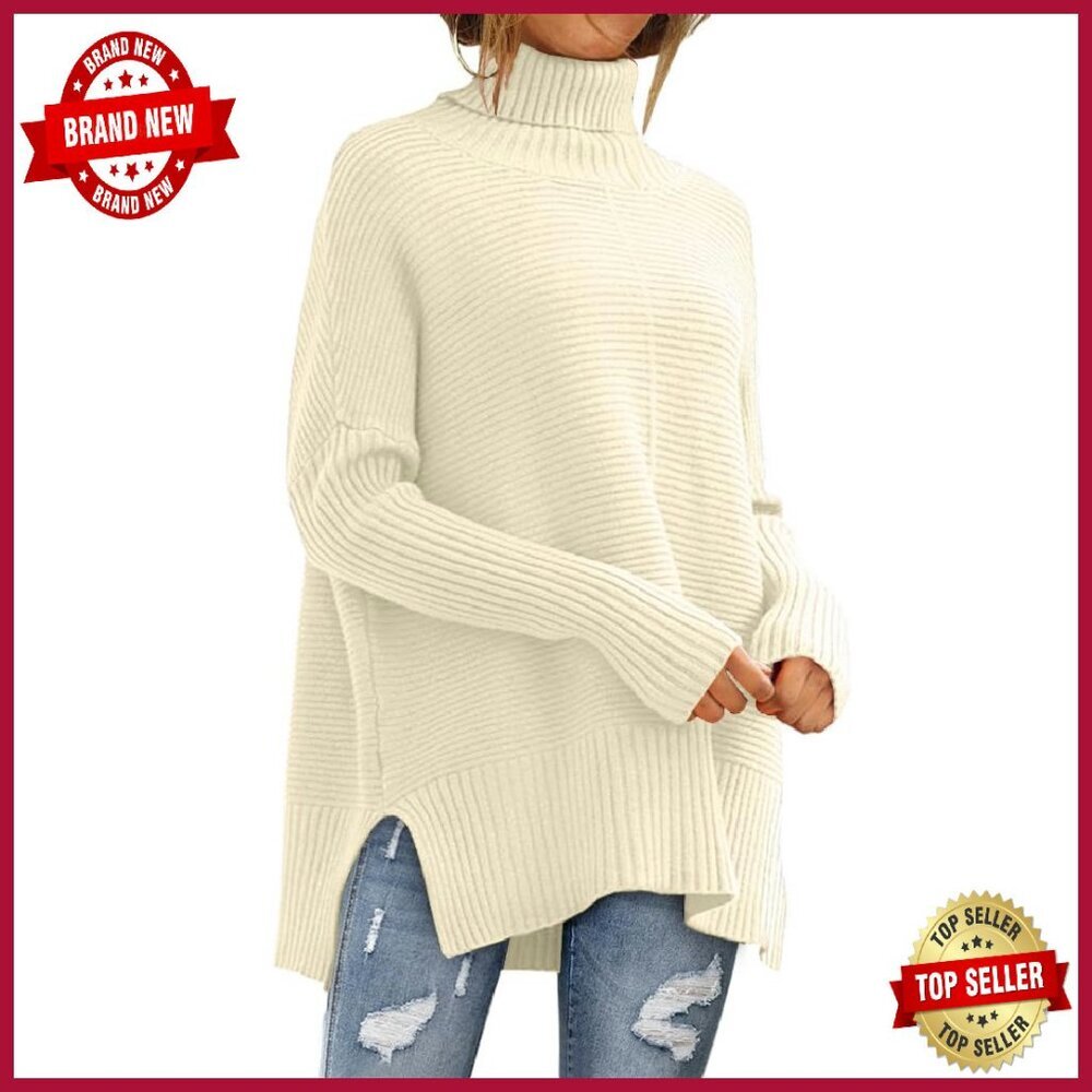 Oversized Turtleneck Chunky Knit Sweater Tunic Batwing Sleeves